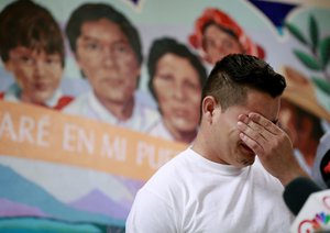 Christian, from Honduras, recounts his separation from his child at the border during a news conference at the Annunciation House, Monday, June 25, 2018, in El Paso, TX.