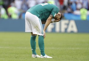 Germany's Niklas Suele reacts after Germany was eliminated during the group F match between South Korea and Germany, at the 2018 soccer World Cup in the Kazan Arena in Kazan, Russia, Wednesday, June 27, 2018.