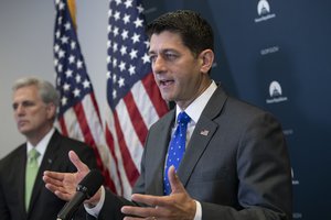 Speaker of the House Paul Ryan, R-Wis., joined by Majority Leader Kevin McCarthy, R-Calif., left, talks to reporters following a closed-door GOP strategy session at the Capitol in Washington, Tuesday, June 26, 2018. Ryan has scheduled a long-awaited showdown vote on a broad Republican immigration bill for Wednesday, but he's showing little confidence that the package will survive.