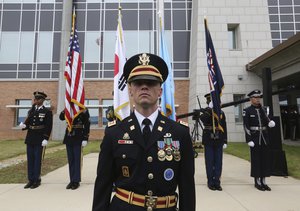 U.N. Command honor guards stand during an opening ceremony for the new headquarters of the U.S. Forces Korea (USFK) at Camp Humphreys in Pyeongtaek, South Korea. Friday, June 29, 2018.