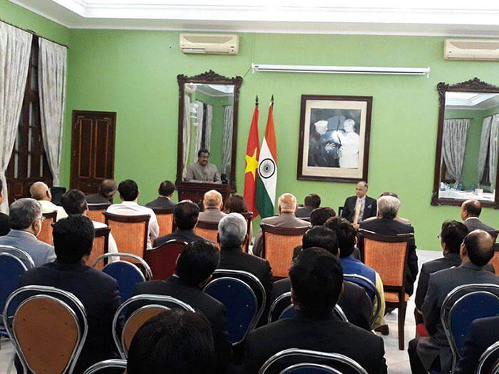 Sh @rammadhavbjp Ji addressed and interacted with the Indian community and the members of the Indian Chamber of Commerce (INCHAM) at the Ho Chi Minh Hall of the Embassy of India in Hanoi, Vietnam.