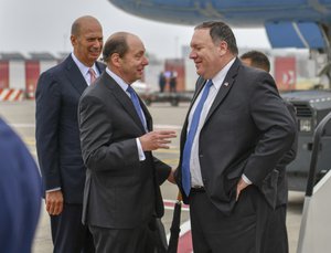 U.S. Secretary of State Michael R. Pompeo chats with U.S. Ambassador to the Belgium Ronald Gidwitz upon arrival to Brussels, Belgium on July 10, 2018.