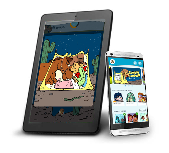 Amazon Rapids is depicted showing two different stories on a tablet and on a phone. The tablet is showing a story that has an Alien who has a lot of arms. The phone is showing a story with a unicorn.