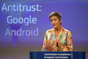 EU Commissioner Margrethe Vestager holds a press conference on a Competition Case involving Google Android at the European Commission building in Brussels on Wednesday, July 18, 2018.