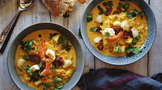 Seafood soup with chorizo jam.