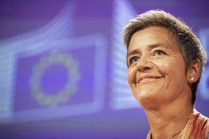 EU Commissioner Margrethe Vestager holds a press conference on a Competition Case involving Google Android at the European Commission building in Brussels on Wednesday, July 18, 2018.