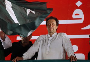 Pakistani politician Imran Khan, chief of Pakistan Tehreek-e-Insaf party, arrives to address an election campaign rally in Islamabad, Pakistan, Saturday, July 21, 2018.