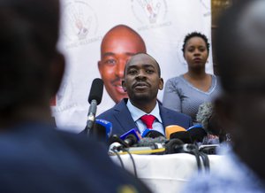 A press conference by opposition leader Nelson Chamisa gets underway in Harare, Zimbabwe, Friday Aug. 3, 2018.