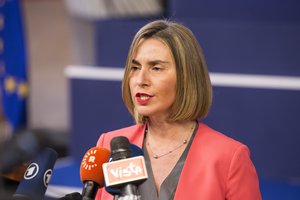 Federica Mogherini speaks with the media at the Brussels European Council summit on December 14, 2017