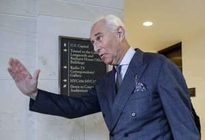 Longtime Donald Trump associate Roger Stone arrives to testify behind closed-doors as part of the House Intelligence Committee’s investigation into Russian meddling in the 2016 election, on Capitol Hill in Washington, Tuesday, Sept. 26, 2017.