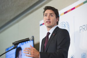 Justin Trudeau, Prime Minister of Canada, addresses the United Nations Private Sector Forum 2016 during the UN High-Level Meeting of the General Assembly to address Large Movements of Refugees and Migrants.