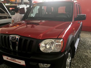 A red Mahindra Scorpio Floodbuster on display on a car show. Taken on April 2017.