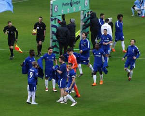 Chelsea players during a premier league soccer game against Manchester City