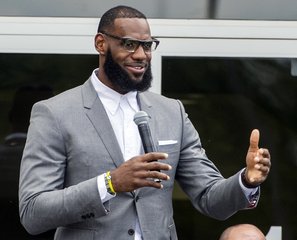 In this Monday, July 30, 2018, file photo, LeBron James speaks at the opening ceremony for the I Promise School in Akron, Ohio