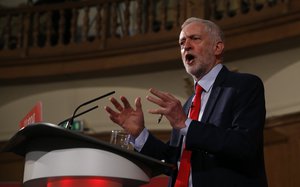 Britain's Leader of the Opposition, and leader of the Labour Party Jeremy Corbyn speaks at a political event in central London, Thursday, April 20, 2017.