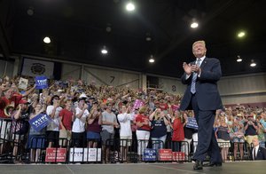 President Donald Trump arrives to speak at a campaign-style rally at Big Sandy Superstore Arena in Huntington, W.Va., Thursday, Aug. 3, 2017.