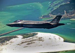 The first delivered USAF F-35 on its delivery flight to Eglin Air Force Base in July 2011.