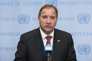 Stefan Lofven, Prime Minister of Sweden and President of the Security Council for the month of July, briefs press before the U.N.Security Council meeting on Children and armed conflict in New York,09 July 2018