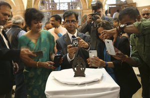 The 12th century Buddha unveiled at the Indian High Commission in UK.    In London, Wednesday, Aug. 15, 2018. (AP Photo/Nishat Ahmed)