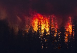 In this Sunday, Aug. 12, 2018 photo, the Howe Ridge Fire burns at Glacier National Park, Montana.