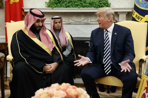 President Donald Trump meets with Saudi Crown Prince Mohammed bin Salman in the Oval Office of the White House, Tuesday, March 20, 2018, in Washington.