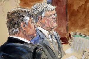 In this courtroom drawing former Trump campaign chairman Paul Manafort, left, sits with his lawyer Kevin Downing as Manafort's trial continues at federal court in Alexandria, Va., Tuesday, Aug. 7, 2018. (Dana Verkouteren via AP)