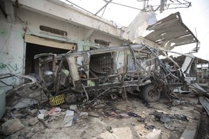 The wreckage of a bus remains at the site of a deadly Saudi-led coalition airstrike on Thursday, in Saada, Yemen, Sunday, Aug. 12, 2018.