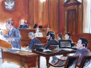 In this court room drawing, defense attorney Victor Rocco, left, gives his opening statement to the jury, as his client, Mehmet Hakan Atilla, right rear, listens from the defense table, Tuesday, Nov. 28, 2017 in New York. During opening arguments, prosecutors said that Atilla laundered Iranian oil money in violation of U.S. economic sanctions against Iran, a conspiracy involving bribes and kickbacks to high-level officials. Seated at the bench is Judge Richard Berman. (AP Photo/Elizabeth Williams)