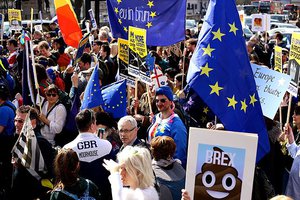 File - The pro-EU march, against Brexit, from Hyde Park to Westminster in London on March 25, 2017, to mark 60 years since the EU's founding agreement, the Treaty of Rome.