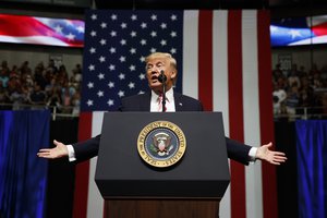 FILE - In this Friday, Sept. 22, 2017, file photo, President Donald Trump speaks at a campaign rally for Sen. Luther Strange, R-Ala., in Huntsville, Ala.