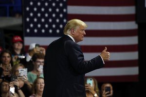 President Donald Trump gives thumbs up after speaking during a rally Tuesday, Aug. 21, 2018, in Charleston, W.Va.