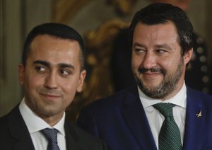 Leader of the League party, Matteo Salvini, right, stands by Luigi Di Maio, leader of the Five-Star movement, prior to the swearing-in ceremony for Italy's new government at Rome's Quirinale Presidential Palace, Friday, June 1, 2018.