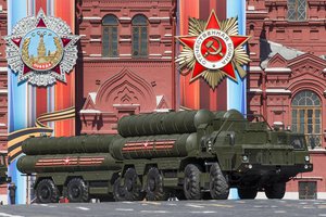 Russian the S-400 air defense missile systems drive during a rehearsal for the Victory Day military parade in Red Square in Moscow, Russia, Sunday, May 7, 2017.