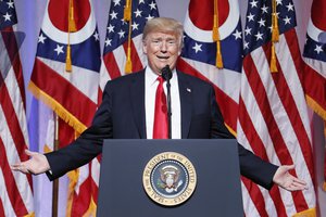 President Donald Trump speaks during the 2018 Ohio Republican Party State Dinner, Friday, Aug. 24, 2018, in Columbus, Ohio.