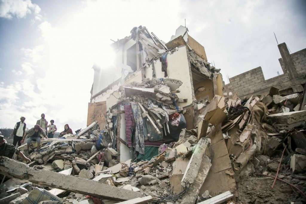 Destruction caused by a Saudi-led coalition airstrike in Sanaa in August 2017