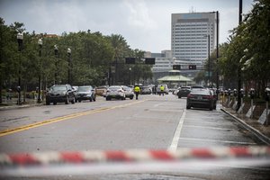 Police barricade a street near the Jacksonville Landing in Jacksonville, Fla., Sunday, Aug. 26, 2018.