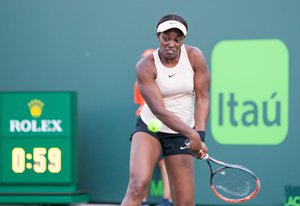 Sloane Stephens (USA) in action on Day 4 of the Miami Open Presented by Itau at Crandon Park Tennis Center on March 22, 2018 in Key Biscayne, Fl. Photo by Aaron Gilbert