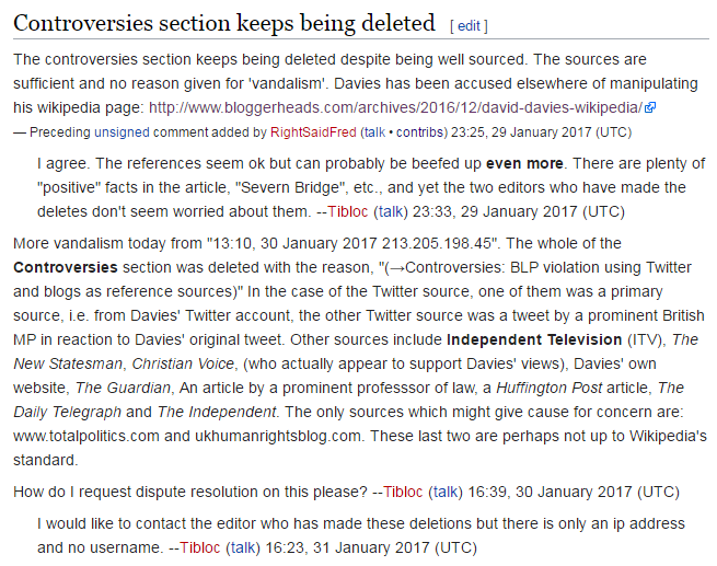 Wikipedia discussion about edits of page of David Davies