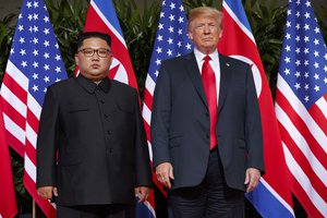 In this June. 12, 2018 file photo, U.S. President Donald Trump meets with North Korean leader Kim Jong Un on Sentosa Island, Tuesday, June 12, 2018, in Singapore. (AP Photo/Evan Vucci, File)