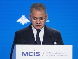 Russian Defense Minister Sergei Shoigu speaks during the Conference on International Security in Moscow, Russia, Wednesday, April 4, 2018. (AP Photo/Alexander Zemlianichenko)