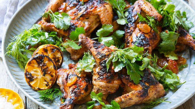 Karen Martini's char-grilled chicken with lemon, parsley, raisins and coriander.