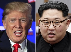 This combination of two file photos shows U.S. President Donald Trump, left, speaking during a roundtable discussion on tax cuts in Cleveland, Ohio, May 5, 2018 and North Korean leader Kim Jong Un, right, talking with South Korean President Moon Jae-in in Panmunjom, South Korea, April 27, 2018.