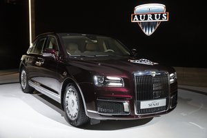 The Aurus Senat is displayed at the Moscow International Motor Show in Moscow, Wednesday, Aug. 29, 2018