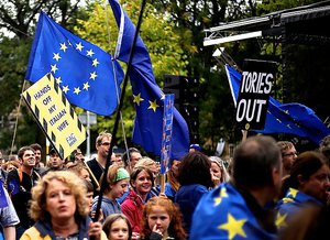 File - Manchester anti Brexit protest at the Conservative party conference, October 1, 2017.