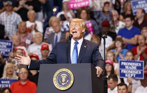 President Donald Trump during a political rally, Thursday, Aug. 2, 2018, at Mohegan Sun Arena at Casey Plaza in Wilkes Barre, Pa.