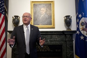 Pete Hoekstra, new U.S. ambassador to the Netherlands, gives a statement during a press conference at his residence in The Hague, Netherlands, Wednesday, Jan. 10, 2018