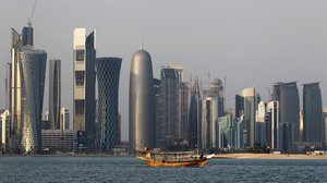 In this Jan. 6, 2011 photo, a traditional dhow floats in the Corniche Bay of Doha, Qatar. Saudi media reported Monday, April 9, 2018, a proposal to dig a maritime canal along the kingdom's closed border with Qatar, turning the peninsula-nation into an island and further isolating it.