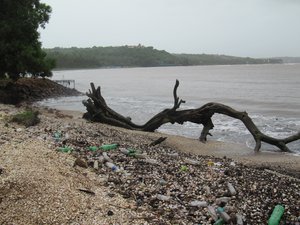 File - Plastic waste and other debris, at the outfall of Mandovi river, on Coco Beach in Goa, India.