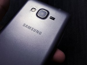 A bold, grey Samsung smartphone handheld. Taken on January 2018.