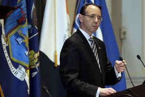 Deputy Attorney General Rod Rosenstein, who has drawn the ire of President Donald Trump for his oversight of investigations of Trump associates, delivers a speech on white collar crime at the New York City Bar Association, in New York, Wednesday, May 9, 2018.